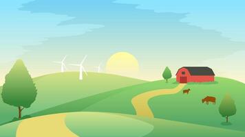 Farmland landscape vector illustration. Countryside landscape with livestock cow and a barn farmhouse. Rural agriculture landscape for illustration, background or wallpaper