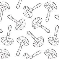 Seamless pattern with Destroying Angel inedible mushrooms in line art style. Design for wrapping paper, wallpaper, textiles. Vector illustration on a white background.