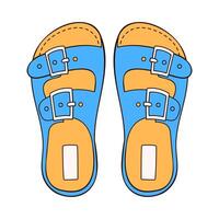 Sandals icon in cartoon style. Bare foot flippers for male and female. Blue and yellow color design for shoes store. Vector illustration isolated on a white background.