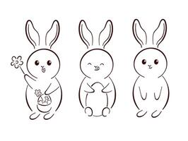 Cute set of Easter bunny in line art style. Rabbit with flowers, basket and eggs. Vector illustration isolated on a white background.