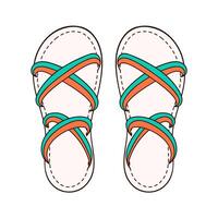 Woman Sandals icon in cartoon style. Bare foot green and orange slippers design for shoes store. Vector illustration isolated on a white background.