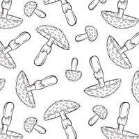 Fly Agaric inedible mushroom pattern in line art style. Outline hand drawn design for textile. Vector illustration on a white background.