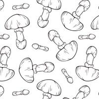 Seamless pattern with Caesars mushrooms in line art style. Design for wrapping paper, wallpaper, textiles. Vector illustration on a white background.