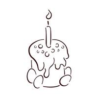 Happy Easter cake with candle and eggs in line art style. Sweet pastries with glaze hand drawn, sketch. Vector illustration isolated on a white background.