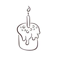Festive Happy Easter pie with candle in line art style. Sweet pastries with glaze hand drawn. Vector illustration isolated on a white background.