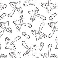 Seamless pattern of mushrooms Deadly webcap in line art style. Decorative backdrop for wallpaper, wrapping, fabric, decor. Vector illustration on a white background.