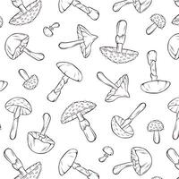 Seamless pattern with inedible mushrooms in line art style. Design wrapping paper, wallpaper, textiles with fly agaric, destroying angel, deadly webcap and autumn skullcap. vector