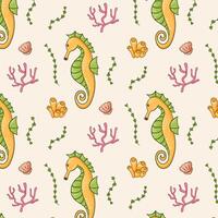 Sea horse seamless pattern in cartoon style. Undersea life background with coral, fish, seashell and seaweed. Vector illustration.