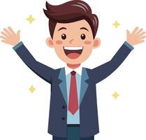 Cheerful businessman with hands up. Cartoon style. Vector illustration