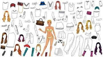 Sweater Season Coloring Page Paper Doll with Cute Cartoon Character, Outfits, Hairstyles and Accessories. Vector Illustration