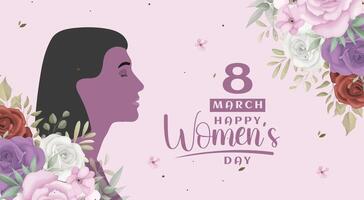 8 marzo De las mujeres día saludo tarjeta diseño con joven mujer ilustración y flor vector