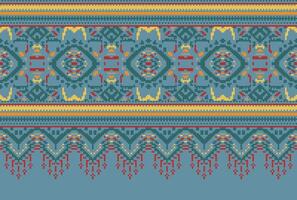 Pixel Cross Stitch Traditional Ethnic Pattern Paisley Flower Ikat Background Abstract Aztec African Indonesian Indian Seamless Pattern for Fabric Print Cloth Dress Carpet Curtains and Sarong vector