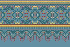 Pixel Cross Stitch Traditional Ethnic Pattern Paisley Flower Ikat Background Abstract Aztec African Indonesian Indian Seamless Pattern for Fabric Print Cloth Dress Carpet Curtains and Sarong vector