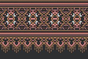 Pixel Cross Stitch Traditional Ethnic Pattern Paisley Flower Ikat Background Abstract Aztec African Indonesian Indian Seamless Pattern for Fabric Print Cloth Dress Carpet Curtains and Sarong vector