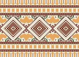 Pixel Cross Stitch Traditional Ethnic Pattern Paisley Flower Ikat Background Abstract Aztec African Indonesian Indian Seamless Pattern for Fabric Print Cloth Dress Carpet Curtains and Sarong vector