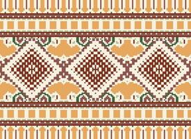 Pixel Cross Stitch Traditional Ethnic Pattern Paisley Flower Ikat Background Abstract Aztec African Indonesian Indian Seamless Pattern for Fabric Print Cloth Dress Carpet Curtains and Sarong vector