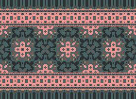 Pixel Cross Stitch Traditional Ethnic Pattern Paisley Flower Ikat Background Abstract Aztec African Indonesian Indian Seamless Pattern for Fabric Print Cloth Dress Carpet Curtains and Sarong vector