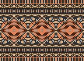 Pixel Cross Stitch Traditional Ethnic Pattern Paisley Flower Ikat Background Abstract Aztec African Indonesian Indian Seamless Pattern for Fabric Print Cloth Dress Carpet Curtains and Sarong vector