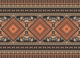 Pixel Cross Stitch Traditional Ethnic Pattern Paisley Flower Ikat Background Abstract Aztec African Indonesian Indian Seamless Pattern for Fabric Print Cloth Dress Carpet Curtains and Sarong vector