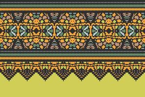 Pixel Cross Stitch Traditional Ethnic Pattern Paisley Flower Ikat Background Abstract Aztec African Indonesian Indian Seamless Pattern for Fabric Print Cloth Dress Carpet Curtains and Sarong vector