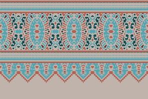 cross stitch Embroidery ethnic pattern, Vector Geometric ornate background, Cross stitch retro zigzag style, Blue and yellow pattern knitting continuous, Design for textile, fabric, digital print