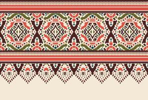 Pixel Cross Stitch Traditional Ethnic Pattern Paisley Flower Ikat Background Abstract Aztec African Indonesian Indian Seamless Pattern for Fabric Print Cloth Dress Carpet Curtains and Sarong vector