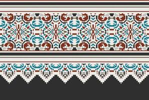 Pixel Cross Stitch pattern with Floral Designs. Traditional cross stitch needlework. Geometric Ethnic pattern, Embroidery, Textile ornamentation, fabric, Hand stitched pattern, Cultural stitching vector