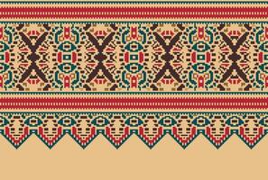 Pixel Cross Stitch Traditional Ethnic Pattern Paisley Flower Ikat Background Abstract Aztec African Indonesian Indian Seamless Pattern for Fabric Print Cloth Dress Carpet Curtains and Sarong vector