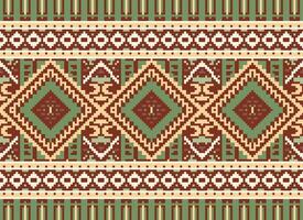 Pixel Cross Stitch Traditional Ethnic Pattern Paisley Flower Ikat Background Abstract Aztec African Indonesian Indian Seamless Pattern for Fabric Print Cloth Dress Carpet Curtains and Sarong vector