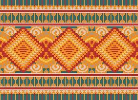 Pixel Cross Stitch Traditional Ethnic Pattern Paisley Flower Ikat Background Abstract Aztec African Indonesian Indian Seamless Pattern for Fabric Print Cloth Dress Carpet Curtains and Sarong vector