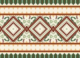 Pixel Cross Stitch Traditional Ethnic Pattern Paisley Flower Ikat Background Abstract Aztec African Indonesian Indian Seamless Pattern for Fabric Print Cloth Dress Carpet Curtains and Sarong vector