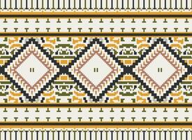 Pixel Cross Stitch Traditional Ethnic Pattern Paisley Flower Ikat Background Abstract Aztec African Indonesian Indian Seamless Pattern for Fabric Print Cloth Dress Carpet Curtains and Sarong vector