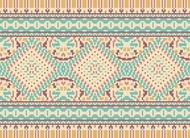 Pixel Cross Stitch Traditional Ethnic Pattern Paisley Flower Ikat Background Abstract Aztec African Indonesian Indian Seamless Pattern for Fabric Print Cloth Dress Carpet Curtains and Sarong vector