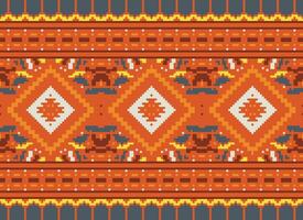 Pixel Cross Stitch Traditional Ethnic Pattern Paisley Flower Ikat Background Abstract Aztec African Indonesian Indian Seamless Pattern for Fabric Print Cloth Dress Carpet Curtains and Sarong vector