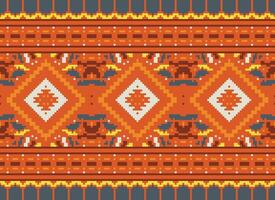 Pixel Cross Stitch Traditional Ethnic Pattern Paisley Flower Ikat Background Abstract Aztec African Indonesian Indian Seamless Pattern for Fabric Print Cloth Dress Carpet Curtains and Sarong vector