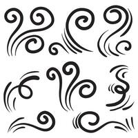 Doodle wind line sketch set. Hand drawn doodle wind movement, air blowing, vortex elements. Sketch of air blowing movement, abstract lines. Isolated vector illustration.