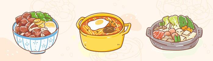 Hand drawn flat design asian food illustration set.korean noodles, japan hot pot gyudon vector