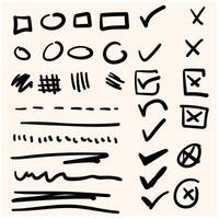 Marker check box. Hand drawn vector mark for list. Brush stroke, circle, round line, tick icon. Pen arrow, wrong mark, doodle cross, underline, handwritten pencil sketch with illustration