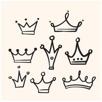 Doodle crown hand drawn set. Doodle princess crown, queen tiara. Line sketch royal element with Illustration style doodle and line art vector