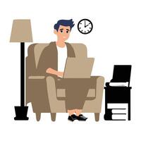 freelancer Vector is content and uses a computer at home. A vector image of a young man using