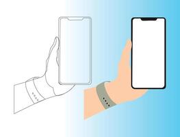 Set hands with cell phones in them. Isolated people using cellphones on a white background. Fingers are touching, tapping, scrolling through, and using applications on smartphone screens vector