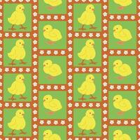 Spring easter geometric pattern with chicks. Flat hand drawn yellow chickens and flowers in contrast squares. Unique retro print design for textile, wallpaper, interior, wrapping vector