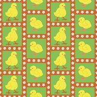 Spring easter geometric pattern with chicks. Flat hand drawn yellow chickens and flowers in contrast squares. Unique retro print design for textile, wallpaper, interior, wrapping vector