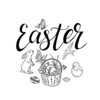 Easter calligraphic illustration with doodles. Vector typography design for banner, poster, card. Word Easter with sketchy animals and related items to Easter. Modern vector calligraphy isolated