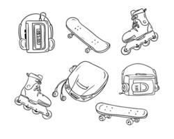 Retro 90s street style items in sketchy technique. Vector contour doodle drawings isolated on white background. Retro concept. Ideal for coloring pages, tattoo, pattern