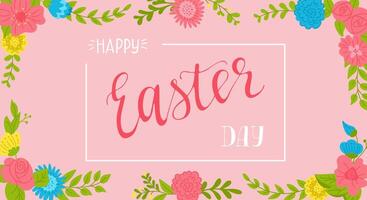 Easter calligraphic horizontal floral banner on pink background. Easter banner with flowers, greeting card template, illustration hand drawn lettering vector