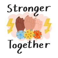 hembra solidaridad eslogan más fuerte juntos póster. mujer poder concepto bandera con eslogan. más fuerte juntos. mano dibujado vistoso vector ilustración.