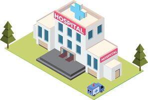 Isometric Hospital Building with Ambulance vector