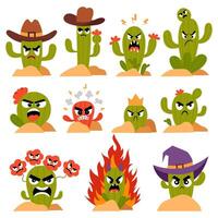 Funny cactus characters in flat style. Angry prickly cactus on a white background. Set of vector illustrations of green cactus.