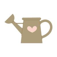 Garden watering can in flat style on a white background. Watering can icon with heart print. Garden tools. vector